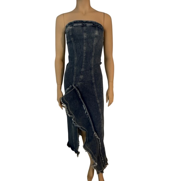 Urban Outfitters Acid Wash Blue Denim Strapless Asymmetrical UO Shiloh Dress M - Picture 7 of 16
